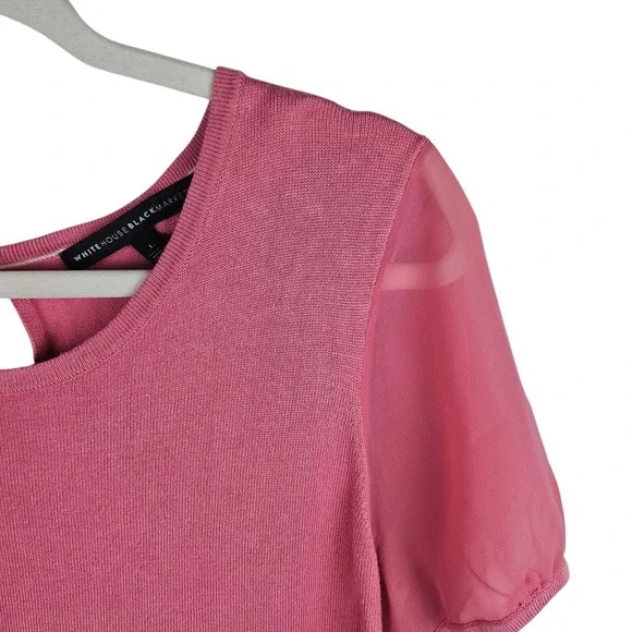 White House Black Market Womens Knit Top‎ Pink Sheer Sleeve Keyhole Back L - Picture 3 of 11